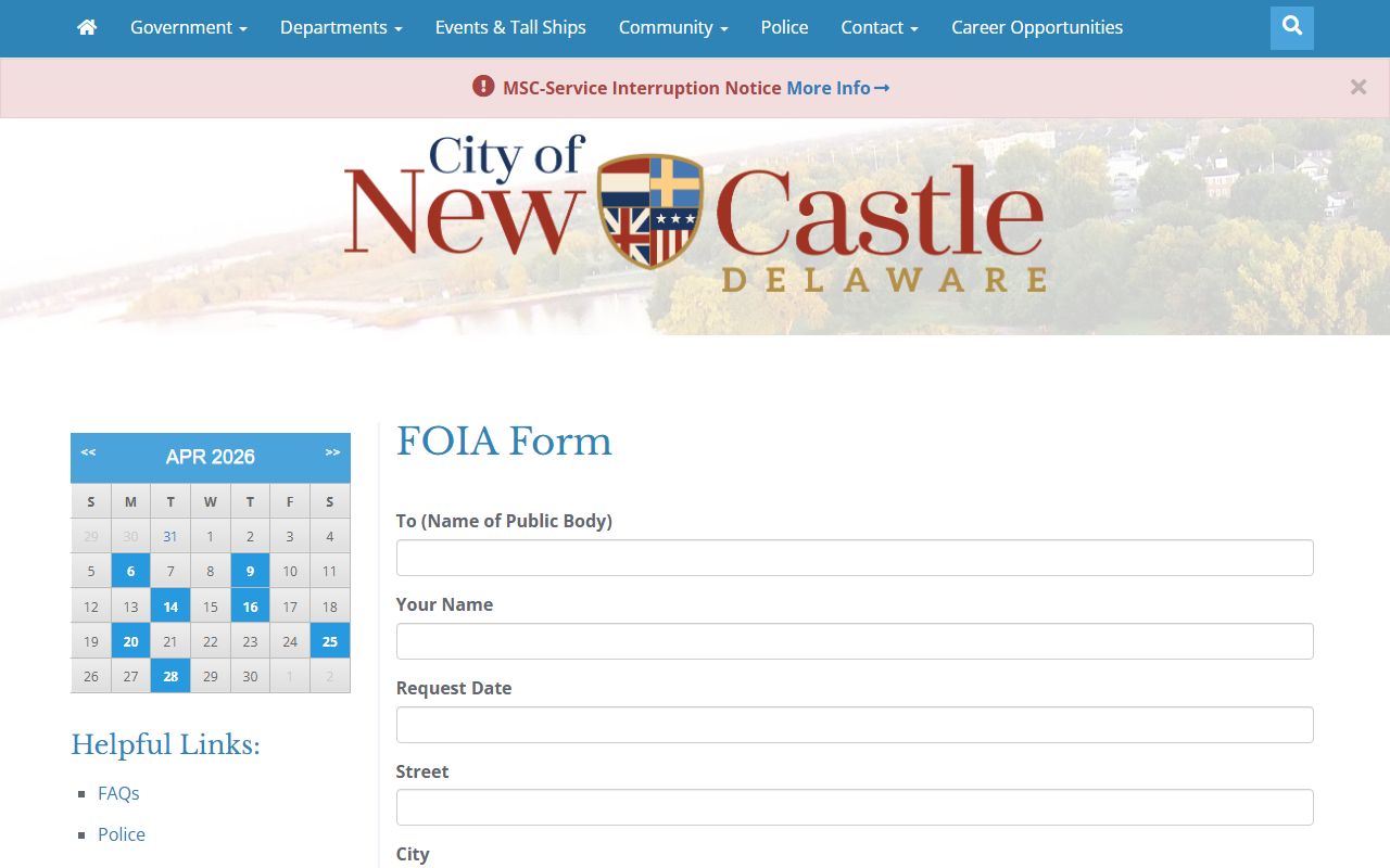 New Castle City FOIA form for New Castle police blotter requests