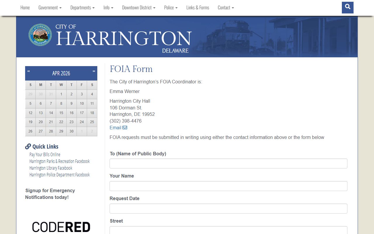 Harrington FOIA request page for Kent County police blotter records