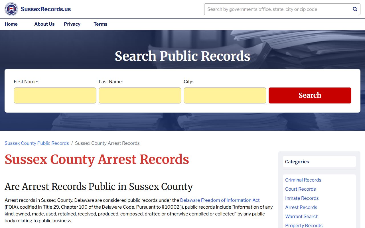 Sussex County arrest records guide for police blotter lookups
