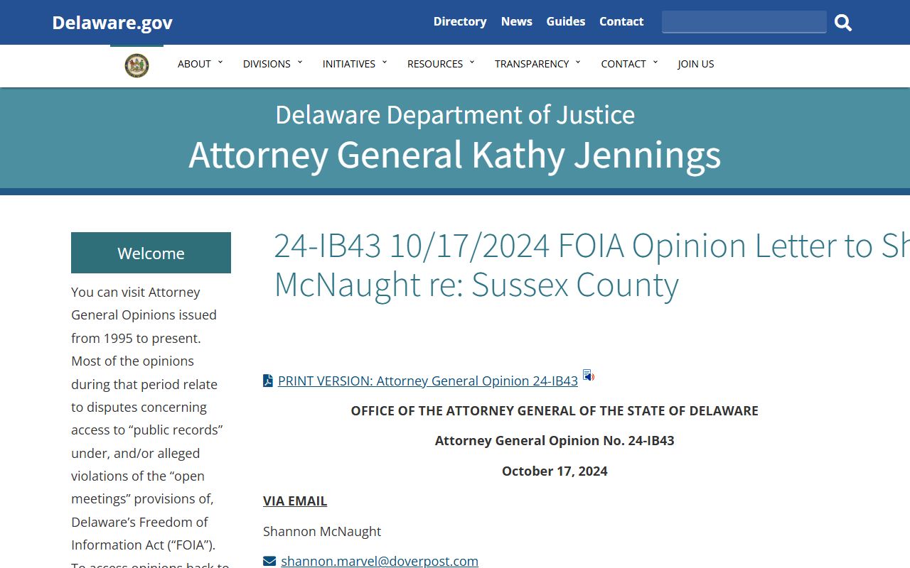 Sussex County AG FOIA opinion on police blotter request