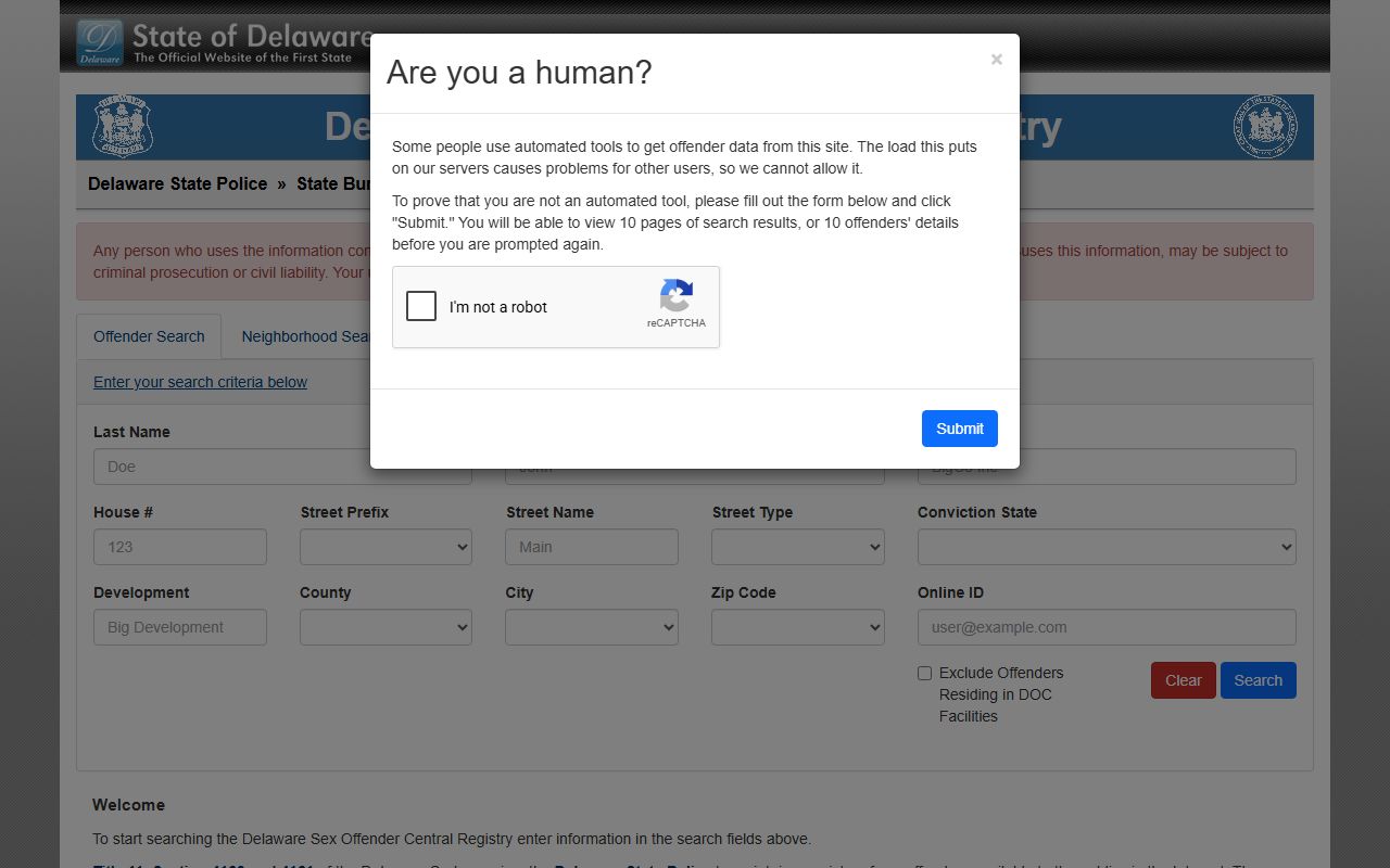 Delaware Sex Offender Registry public search