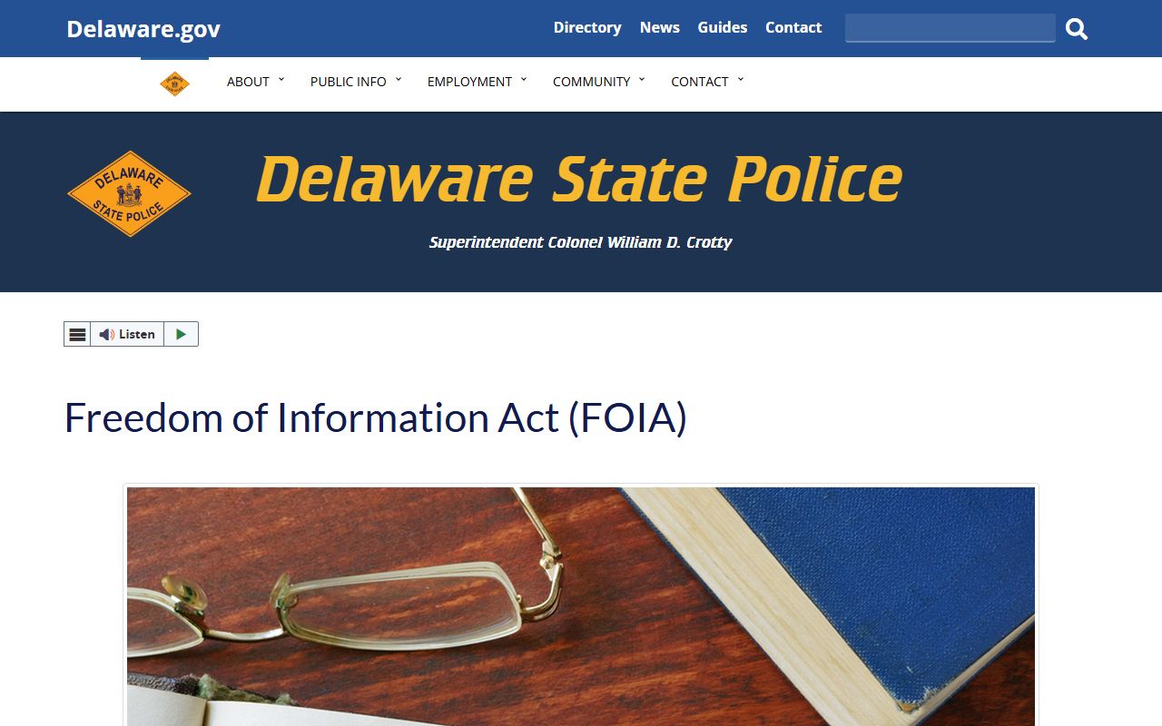 Delaware State Police FOIA page for police blotter records