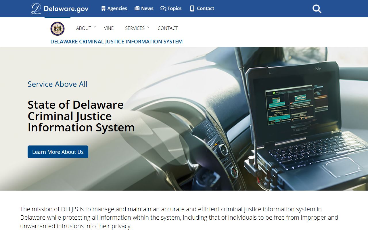 DELJIS homepage for Delaware police blotter and warrant data