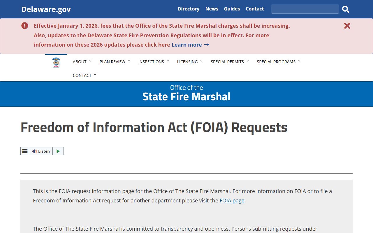 Delaware State Fire Marshal FOIA page